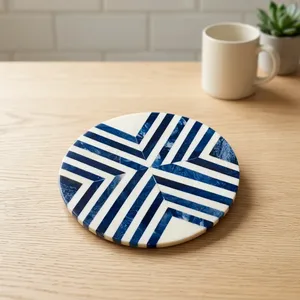 Sous-verre en résine fait main, bleu et blanc, avec incrustation géométrique, rond, pour boissons, protection décorative de table pour café, thé, repas, décoration intérieure - Product Image 2