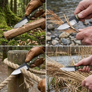 Cuchillo de caza hecho a mano y forjado a mano con hoja fija, mango de madera Pakka verde, para desollar, acampar, bushcraft, EDC, cuchillo utilitario para exteriores. - Product Image 6