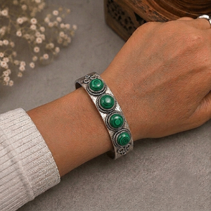 Malachite Aura Hydro Stone Four Stone Wide <b>Cuff</b> Bangle Handmade Brass Vintage <b>Silver</b>/Gold Plated Unisex Statement Fashion - Product Image 2