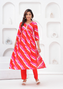 Kurta brodée rayée rouge et rose avec dupatta, coupe ample, robe décontractée, tenue d'été, manches trois quarts, longueur midi - Product Image 2