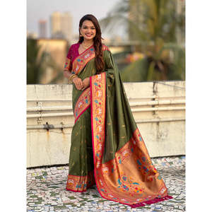 Sari Paithani de Seda Suave Verde Mehandi de Elite Weaves, Ropa India y Pakistaní, 650g - Product Image 6