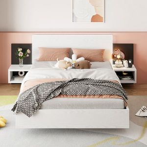 Queen Size Floating Platform Bed with LED Lights White Up-Holstered Nightstand Wooden Bedside - Product Image 1