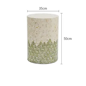 Green Leaf Forest Pattern Cylinder <b>Stools</b> Mother of Pearl Handcrafted Mosaic Small Side Table For Living Room <b>Bedroom</b> Decor - Product Image 2