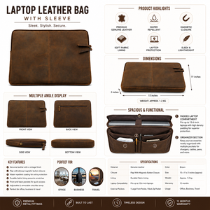 Housse pour ordinateur portable en cuir véritable pour hommes et femmes, étui pour ordinateur portable avec fermeture éclair, housse de protection pour les voyages d'affaires - Product Image 5