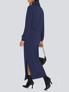 Ensemble jupe 2 pièces pour femme Casly Lamiit, hauts à col roulé, jupe longue, tenues assorties avec poches, vêtements de détente d'automne - Product Image 6