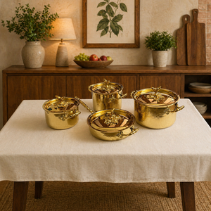 Elegant Hammered Brass Cookware <b>Set</b> Decorative Gold Handled Casserole <b>Pots</b> with Floral Lid Knobs 4 Piece Premium Serving <b>Pot</b> <b>Set</b> - Product Image 3