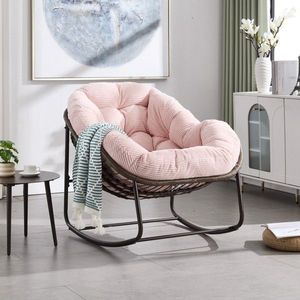 Outdoor Pink Rattan Rocking Recliner Chair with <b>Padded</b> <b>Cushion</b> for Porch Living Room Patio Garden - Product Image 1