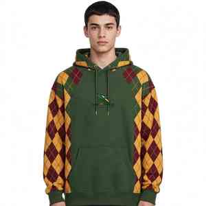 Sweat à capuche unisexe NEXTEX en molleton doux de coton, motif losanges Argyle, vert moutarde, chaud et graphique - Product Image 1