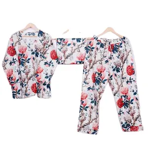Ensemble pyjama imprimé floral pour femmes Vêtements de nuit Pyjama en coton Pantalon de nuit pour femmes Chemises à manches longues Pyjama assorti