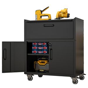 Durable 1-Drawer 2-Locking-Door Metal <b>Tool</b> Cabinet Sturdy Mobile Heavy Duty <b>Storage</b> with Wheels for Garage - Product Image 1