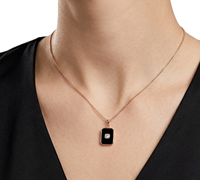 Collier Minimaliste en Or Massif 10K 14K avec Pendentif Rectangulaire Émail Noir, Style Art Déco Diamant Vintage, Bijou Délicat, Cadeau pour Femme