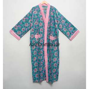 Robe longue de luxe pour femme 100 % coton, imprimée à la main, col en V, manches trois-quarts, fermeture à cordon, motif floral sur le devant - Product Image 1