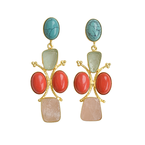 Pendientes Colgantes Geométricos Hechos a Mano con Turquesa y Múltiples Piedras, Chapados en Oro, Joyería Contemporánea de Piedras Semipreciosas para Mujer - Product Image 1