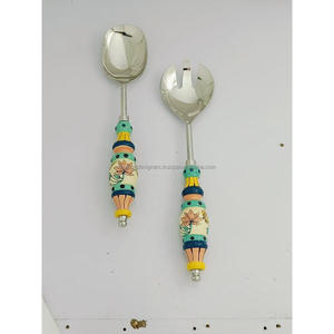 Juego de cubiertos de acero inoxidable recién llegado, juego de cubiertos de pintura a mano, cucharas de postre de lujo pulidas con espejo reutilizables, mango de madera - Product Image 1