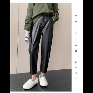 Pantalon en cuir PU élastique noir pour femme, nouvelle collection automne-hiver 2025, taille haute, coupe droite, style Dad, pantalon harem à longueur cheville - Product Image 2