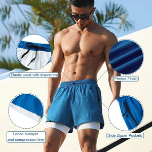 Shorts de sport bleus pour homme, séchage rapide, avec cordon de serrage élastique à la taille et poches latérales zippées, longueur mi-cuisse. - Product Image 1