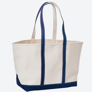 <b>Canvas</b> <b>Tote</b> Bag Large Size White with Navy Blue Trim Hand Length Handles Shopping Bag for Groceries Reusable Eco-Friendly Design - Product Image 1