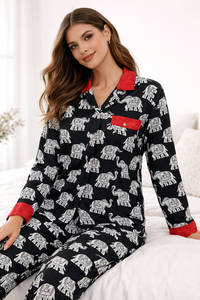 ชุดนอนผ้าเครปพรีเมียมลายช้าง เสื้อแขนยาว กางเกงขายาว ชุดนอนผู้หญิง ขอบสีแดง ชุดนอนดิจิตอล - Product Image 4