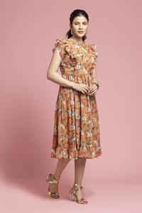 Robe de fête élégante pour filles avec imprimé floral couleur moutarde, manches à volants et tissu en georgette pour occasions spéciales - Product Image 4
