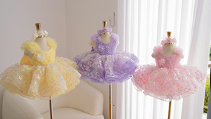 Robe de princesse florale pour filles 147, avec volants aux épaules, en tulle superposé, robe d'anniversaire rose et jaune, vente en gros, fabricant Nhung Nguyen - Product Image 2