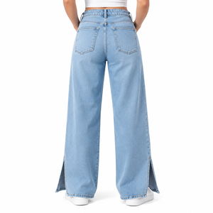 Vaqueros de mujer de talle alto azul claro con pierna ancha, cordón ajustable, corte holgado, dobladillo dividido, casual, talla grande, largo completo - Product Image 2