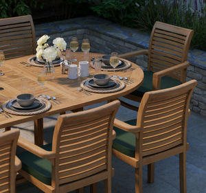 Ensemble de table à manger ovale d'extérieur en teck massif tropical, 8 places, banc incurvé, fauteuils, finition naturelle, meubles pour villa et hôtel - Product Image 3