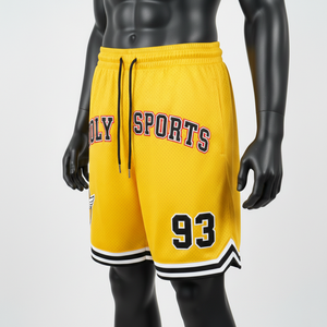 Short de basketball respirant en maille polyester 160 GSM, jaune doré, avec patch brodé et logo personnalisé - Product Image 4