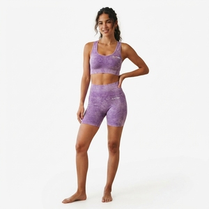 Women Lavender Purple Acid Wash Yoga Set Racerback Sports Bra High Waist Biker <b>Shorts</b> <b>Gym</b> Fitness Activewear - Product Image 2