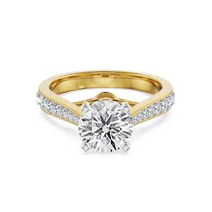 Bague de fiançailles de luxe en argent 925 plaqué or avec moissanite taille brillant ronde et pierres latérales pavées à double rangée - Product Image 3