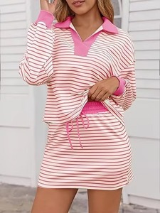Ensemble pull tricoté rayé pour femme, rose et blanc, manches longues, col rabattu, tenue décontractée printemps, style automne à volants - Product Image 1