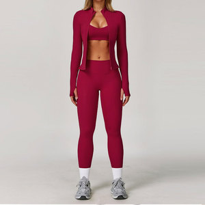 Burgundy Two Piece Yoga Set High Waist Leggings Spaghetti Strap <b>Crop</b> <b>Top</b> Seamless Full Length Activewear - Product Image 2