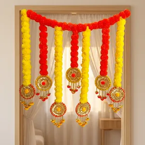 Modern Red Yellow Marigold Toran Door Hanging Eco-Friendly Plastic Flower Multi-Functional Golden <b>Floral</b> Medallions Bells Decor - Product Image 6