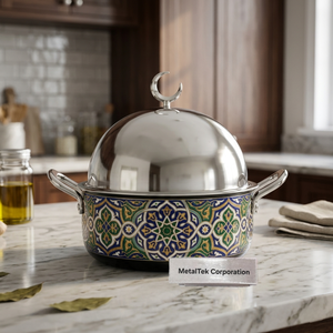 Casserole de service Ramadan style arabe, double paroi émaillée, avec bouton en forme de croissant de lune et couvercle poli – Plat élégant - Product Image 2