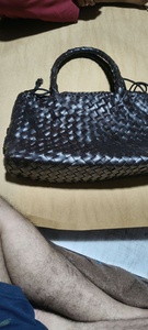 Black Custom Printed <b>Genuine</b> <b>Leather</b> Woven <b>Handbag</b> with Tatami Stitches Design Top Handle Fashion Accessory - Product Image 2