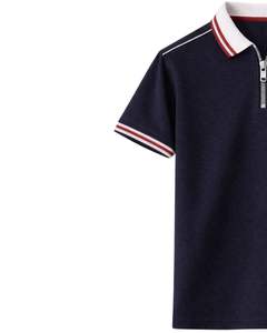 Polo de manga corta azul marino para hombre con cremallera de un cuarto, cuello acanalado en contraste, informal, para verano, mezcla de algodón, personalizado. - Product Image 2