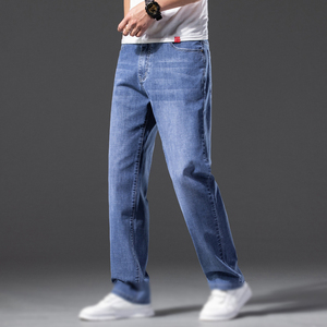 Custom Men's Retro Style Mid <b>Waist</b> Denim <b>Jeans</b> Solid Color Washed Trousers Button Detail Knitted Weaving Method for All Seasons - Product Image 4
