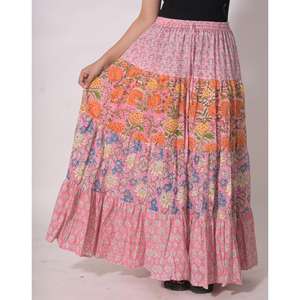 Falda larga étnica bohemia de algodón indio con estampado de bloques y patchwork, falda de verano hecha a mano - Product Image 2