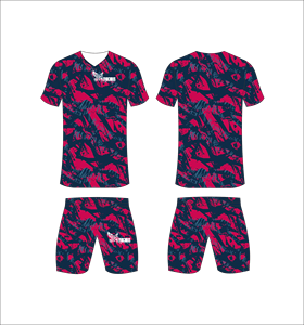 Conjunto de Uniforme de Fútbol Sublimado Personalizado, Azul Marino y Rosa con Patrón Abstracto, Transpirable y de Secado Rápido, para Hombres y Niños - Product Image 1