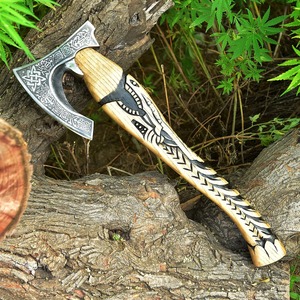 Handmade Industrial Viking Bearded <b>Axe</b> Engraved Carbon Steel Head Carved Ash <b>Wood</b> Handle Full Tang Bushcraft Hatchet DIY - Product Image 1