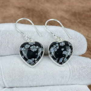 Handmade Snowflake Obsidian Gemstone <b>Earrings</b> Solid 925 <b>Sterling</b> <b>Heart</b> Cut Bezel Set Dangle <b>Earrings</b> Women's Everyday Wear - Product Image 2