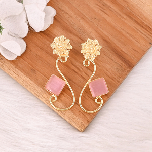 Elegant <b>Pink</b> Cat's Eye Gemstone Earrings Gold Plated Designer Brass Fashion Jewelry for Women - Product Image 2