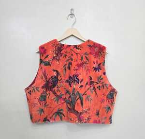 Floral & Bird Print Orange Velvet Sleeveless Vest – Luxury Designer Nature Inspired Outerwear - Product Image 2