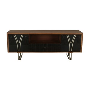 Solid Mango Wood Tv Console CNC Carved Media <b>Unit</b> Storage Cabinet Two Door One <b>Drawer</b> Iron Base Entertainment Stand Furniture - Product Image 1
