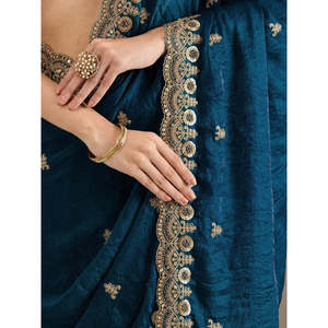 Robes pour la mère de la mariée, élégantes robes de soirée en soie brodée bleue avec un sari et une blouse - Product Image 3
