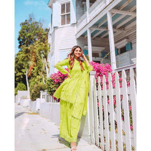 Ensemble de costume en mousseline vertâtre avec broderies Gotta et dupatta épaisse - Taille XS - Product Image 4