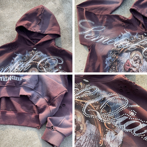Sweat à capuche graphique surdimensionné imprimé vintage avec strass, effet vieilli et délavé, en coton de haute qualité pour homme - Product Image 4