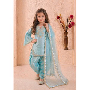 Elegante traje palazzo farshi bordado para niñas con top de diseñador y dupatta palazzo, confeccionado en seda de cristal romano para ocasiones festivas. - Product Image 2