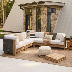 Contemporary Teak Outdoor Sectional Corner <b>Sofa</b> <b>Set</b> with Deep Seating Cushions for Resort Hotel Villa Patio and Poolside Areas - Product Image 1