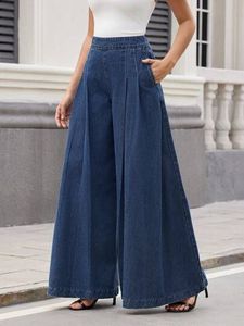 Jean en denim taille haute à jambe large pour femme, coupe ample, longueur intégrale, en coton délavé, style décontracté d'été - Product Image 1