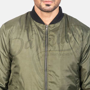 Blouson bomber en satin vert olive pour homme, léger, style aviateur, avec bordure côtelée noire et fermeture éclair sur le devant, vêtement d'extérieur décontracté - Product Image 6